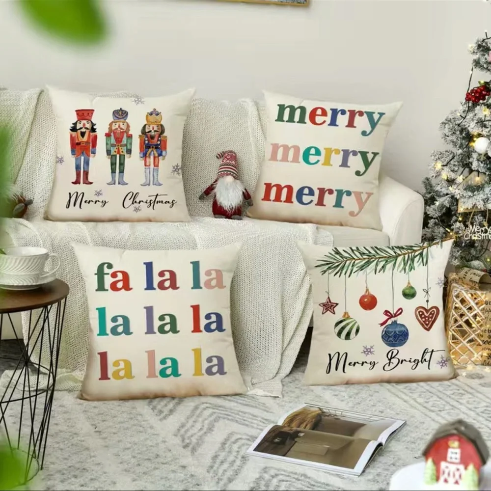 Christmas Pillowcase Merry and Bright 17.7*17.7 In Linen Blend Pillow Cover